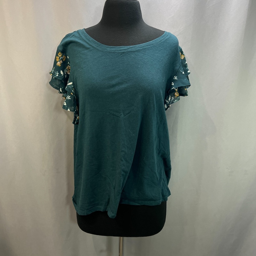 Angels Forever Young Tunic Blouse Womens 1X Green Cotton Flutter Sleeve Casual
